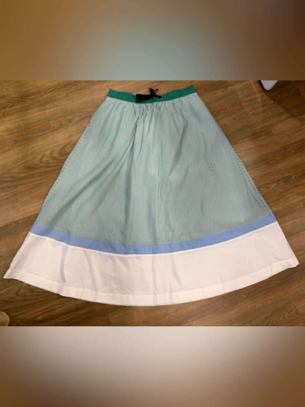 Anthropologie Maeve Green-Striped Circle Skirt with White and Light Blue Bands